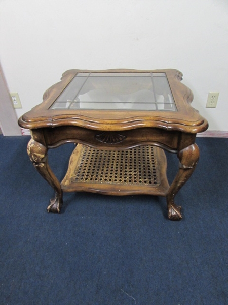 VINTAGE QUEEN ANNE STYLE SIDE TABLE WITH LEADED & BEVELED GLASS TOP, CLAW FEET - READY FOR CHALK PAINT