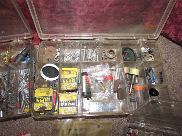 AUTOMOTIVE LOT WITH SOCKET SET, ELECTRICAL PARTS BINS, BATTERY CELL TESTER, ALLEN WRENCHES & MORE!