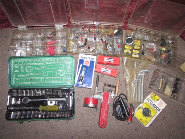 AUTOMOTIVE LOT WITH SOCKET SET, ELECTRICAL PARTS BINS, BATTERY CELL TESTER, ALLEN WRENCHES & MORE!