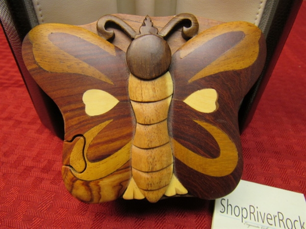 KEEP YOUR TREASURED JEWELRY SAFE IN WOODEN BUTTERFLY PUZZLE BOX & A TRAVEL CASE, BOTH UNUSED