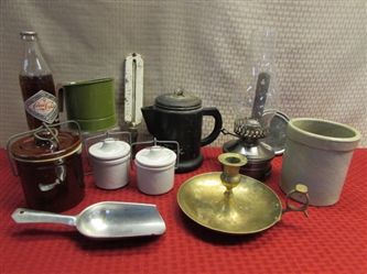 OLD HOMESTEAD TREASURES-OIL LAMP, MINI CROCKS, COWBOY COFFEE POT, GREEN SIFTER, BRASS CANDLESTICK & MORE