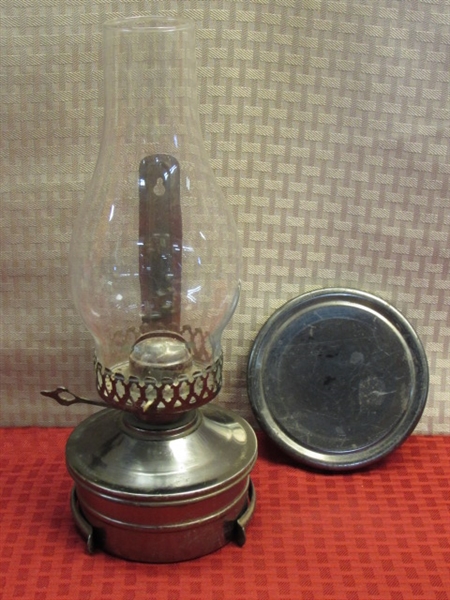 OLD HOMESTEAD TREASURES-OIL LAMP, MINI CROCKS, COWBOY COFFEE POT, GREEN SIFTER, BRASS CANDLESTICK & MORE