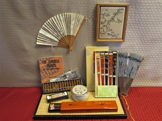 ORIENTAL COLLECTIBLES-WOOD ABACUS, 24K GOLD TRIMMED BOX, NEW CHOP STICKS, PAINTED TILE WALL HANGING & MORE