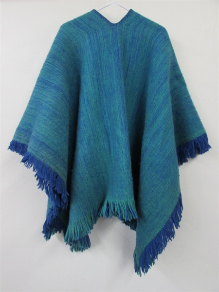 WARM, & SO CURRENT REVERSIBLE HAND WOVEN WOOL PONCHO-BLUE & TURQUOISE!