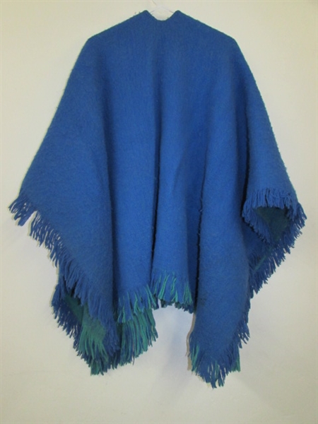 WARM, & SO CURRENT REVERSIBLE HAND WOVEN WOOL PONCHO-BLUE & TURQUOISE!