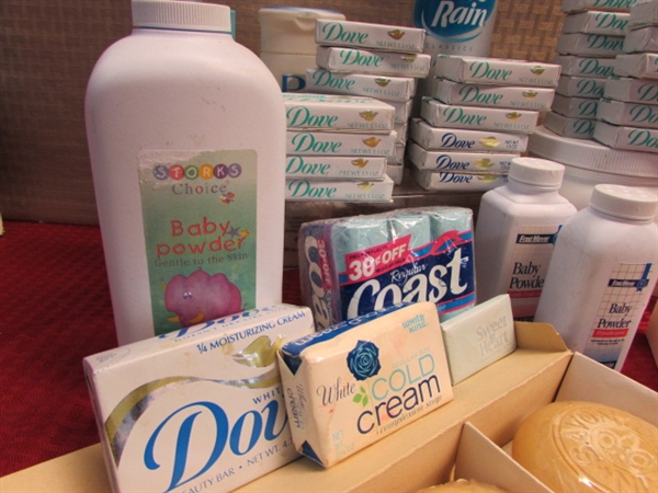 DOZENS OF NEVER USED BARS OF SOAP, 5 NEW TUBES OF TOOTHPASTE, CLEANING PRODUCTS & SO MUCH MORE
