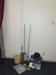 GONE FISHIN 3 RODS, FLIES, VINTAGE MY BUDDY TACKLE BOX, 50 LB. FISH SCALE, BUCKET, LINE & MORE