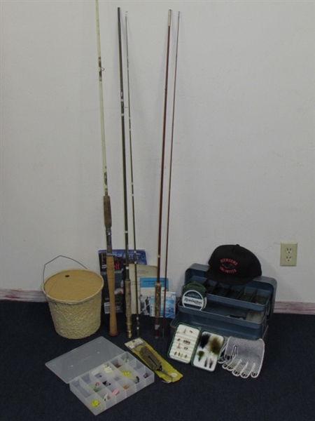 GONE FISHIN' 3 RODS, FLIES, VINTAGE MY BUDDY TACKLE BOX, 50 LB. FISH SCALE, BUCKET, LINE & MORE