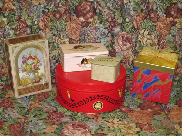 VINTAGE TINS-LARGE ROUND & RED, TWO WITH HINGED LIDS, TWEED & A BIRTHDAY BOX