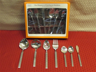 PRETTY VINTAGE NEW STAINLESS STEEL FLATWARE SET, 32 PIECES TOTAL WITH SERVING UTENSILS