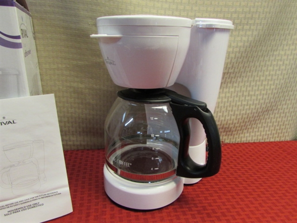 COFFEE & DONUTS-RIVAL 12 CUP COFFEE MAKER, VINTAGE SS CREAMER, GLASS PLATTER & DISH & MUGS