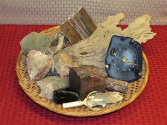 BASKET OF TREASURES-AGATE CLOCK, JASPER & MORE & INLAID MAGNIFYING GLASS TO LOOK AT THEM THROUGH