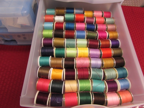 OVER 200 CARDS OF VINTAGE BUTTONS, OVER 90 SPOOLS OF THREAD & PINS IN TWO STORAGE CONTAINERS
