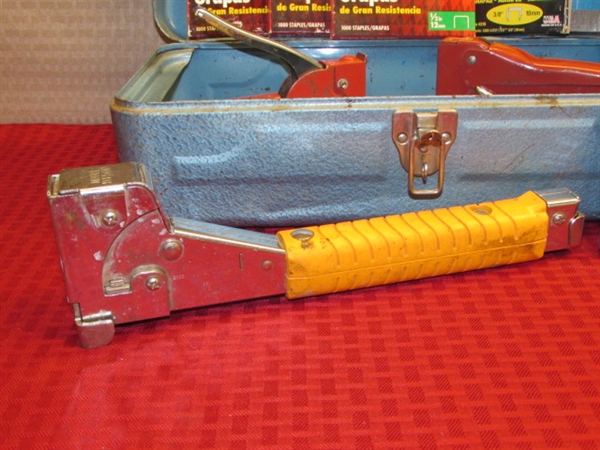 OL BLUE - VINTAGE METAL TOOL BOX WITH THREE STAPLE GUNS & STAPLES