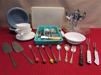LOADS OF FLATWARE & UTENSILS, CORELLE CUPS & SAUCERS, PYREX DISHES & MEASURING CUP & MORE