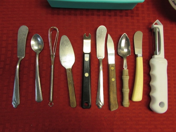 LOADS OF FLATWARE & UTENSILS, CORELLE CUPS & SAUCERS, PYREX DISHES & MEASURING CUP & MORE