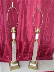 TWO VINTAGE LAMPS WITH DIAMOND PATTERN GLASS, BRASS & MARBLE BASES