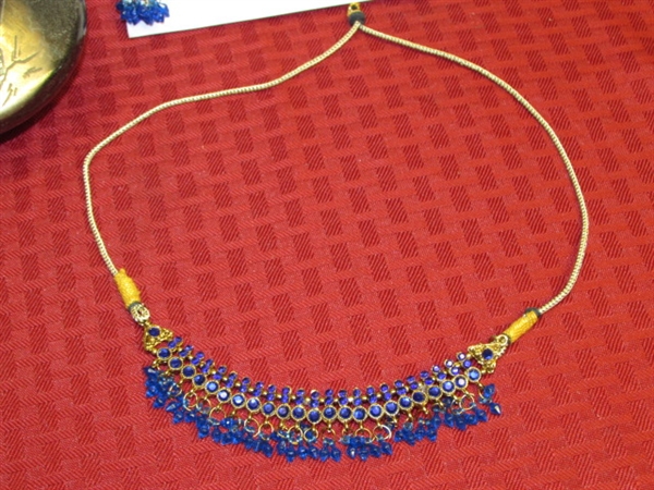 INDIAN BOLLYWOOD STYLE JEWELS - COBALT BEADED NECKLACE & EARRINGS, GOLD TONE CUFF BRACELET & VASE