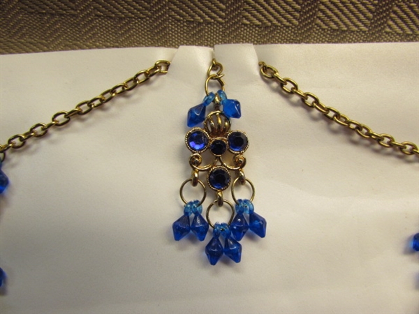 INDIAN BOLLYWOOD STYLE JEWELS - COBALT BEADED NECKLACE & EARRINGS, GOLD TONE CUFF BRACELET & VASE