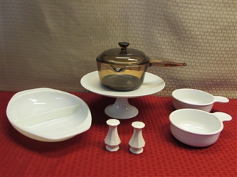 CORNING VISIONWARE & GRAB ITS, PYREX BAKEWARE, S&P SHAKERS & CAKE PLATE MADE IN OCCUPIED JAPAN