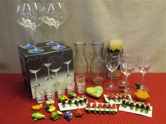 NOW THATS A WINE GLASS! NIB ONEIDA STEMWARE, 2 CARAFES, TALL CANDLE, FRUITY MAGNETS, GLASS DECOR & MORE