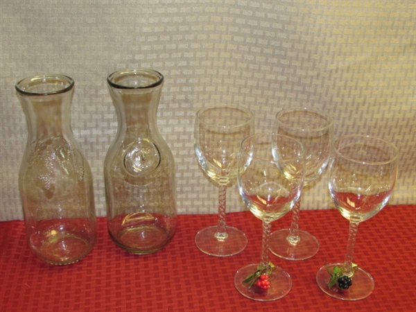 NOW THAT'S A WINE GLASS! NIB ONEIDA STEMWARE, 2 CARAFES, TALL CANDLE, FRUITY MAGNETS, GLASS DECOR & MORE