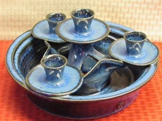 GORGEOUS & UNIQUE HANDMADE COBALT BLUE POTTERY CANDLE HOLDER-ROOM FOR 4 CANDLES