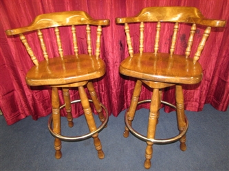 STURDY & ATTRACTIVE PAIR OF HEAVY MAPLE SWIVEL CAPTAINS BAR STOOLS