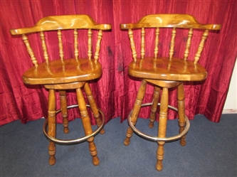 MATCHING PAIR OF HEAVY MAPLE SWIVEL CAPTAINS BAR STOOLS