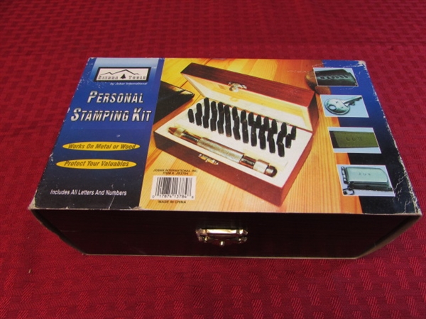NIB SIERRA TOOLS PERSONAL STAMPING KIT WITH WOOD BOX.  WORKS ON METAL OR WOOD-ALL LETTERS & NUMBERS