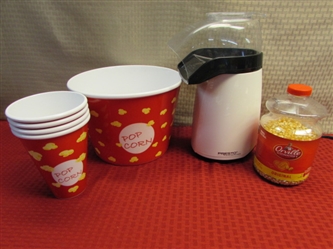 WHAT IS MOVIE NIGHT WITH OUT THE POPCORN? FUN POPCORN TUBS, HOT AIR POPPER & . . .POPCORN!