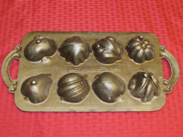 RARE CAST IRON MUFFIN MOLD FOR FRUIT & VEGGIE SHAPED MUFFINS & OLD TIN COOKIE CUTTERS