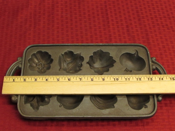 RARE CAST IRON MUFFIN MOLD FOR FRUIT & VEGGIE SHAPED MUFFINS & OLD TIN COOKIE CUTTERS