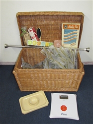 LARGE WICKER STORAGE TRUNK W/LID, BAMBOO SHOWER CURTAIN & ROD, SCALE, HEATING PAD & MORE