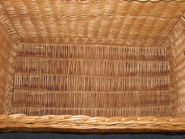 LARGE WICKER STORAGE TRUNK W/LID, BAMBOO SHOWER CURTAIN & ROD, SCALE, HEATING PAD & MORE