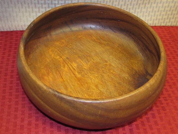 TASTE OF THE ISLANDS-CARVED WOOD BOWL & S&P SHAKERS, SILVER PLATE BANANA LEAF TRAY, SHELL SHAKER & MORE