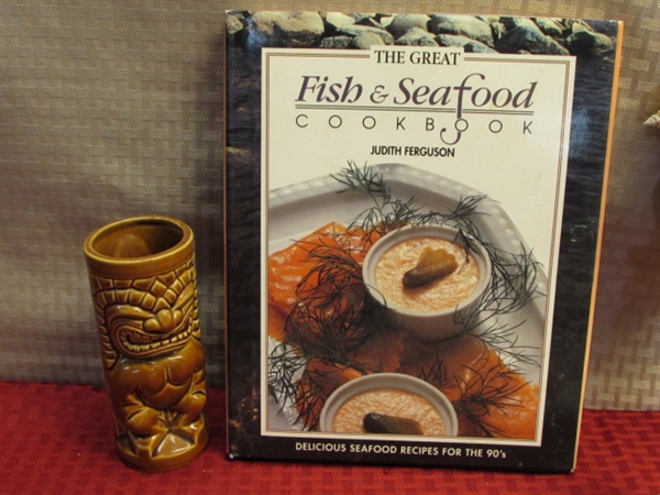 TASTE OF THE ISLANDS-CARVED WOOD BOWL & S&P SHAKERS, SILVER PLATE BANANA LEAF TRAY, SHELL SHAKER & MORE