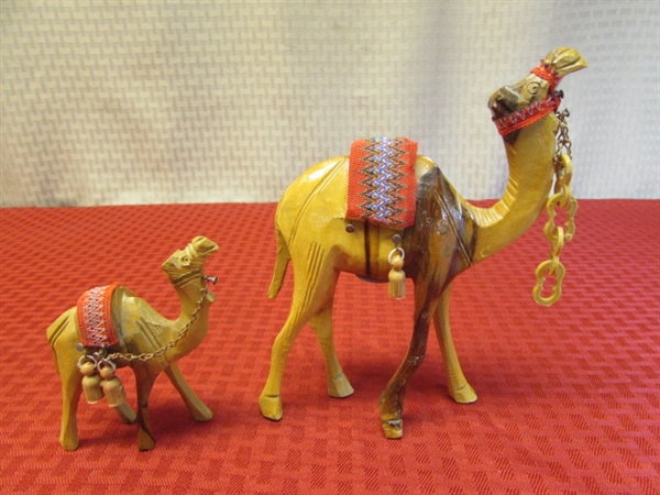 TWO VINTAGE CARVED OLIVE WOOD CAMELS FROM ISRAEL