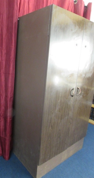 TWO-DOOR METAL STORAGE CLOSET WITH SHELF, FULL HANGER BAR & LOCKING DOORS