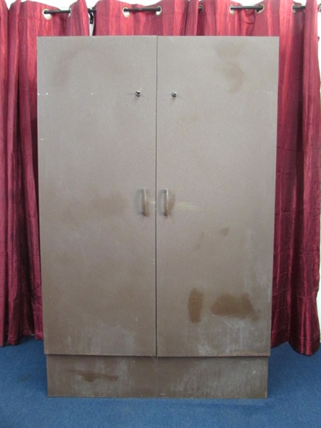 ANOTHER TWO-DOOR METAL STORAGE CLOSET WITH SHELF, FULL HANGER BAR & LOCKING DOORS
