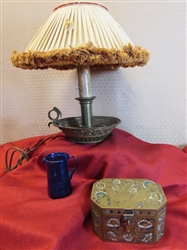 ANTIQUE EMBOSSED 3D BRASS CHAMBER CANDLE LAMP, BLUE GLASS PITCHER & LOVELY BRASS TRINKET BOX