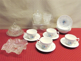 VINTAGE DIAMOND GLASS WEXFORD CREAMER & SUGAR BOWL, GLASS CHEESE DOME, CUPS & SAUCERS & MORE