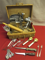 PICNIC BASKET OF KITCHEN CLASSICS! CLIMAX 52 GRINDER, LADD BEATER, FULL TANG GERMAN STEEL KNIFE & MORE