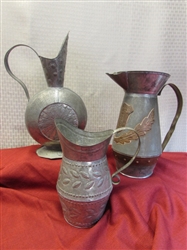 3 AWESOME ORNATE PRIMITIVE METAL PITCHERS-2 PUNCHED EMBOSSED & 1 WITH COPPER APPLIQUE