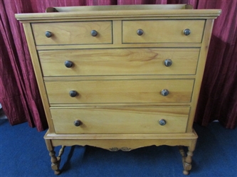 FROM OLD MONTAGUE RANCH -BEAUTIFUL ANTIQUE 5-DRAWER MAPLE CHEST ON STAND - WILLIAM & MARY