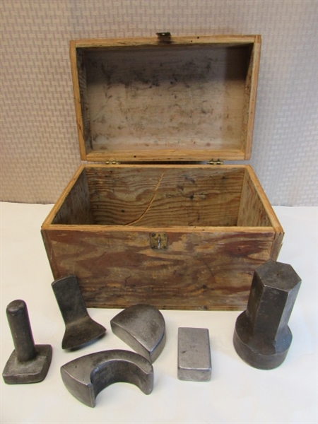 COLLECTION OF SPECIALIZED AUTO BODY REPAIR TOOLS AND STURDY WOODEN BOX WITH HASP LATCH