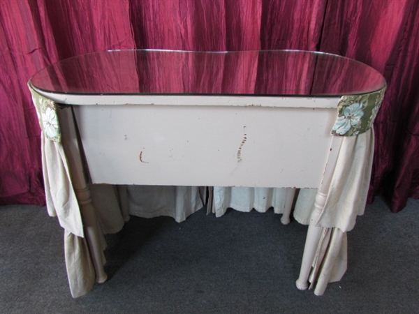 VINTAGE 3-DRAWER DRESSING TABLE VANITY WITH FABRIC SKIRT-READY FOR YOUR PRINCESS