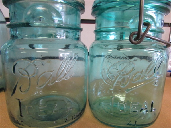 OLD CANNING JARS, GREAT COLLECTIBLES - BLUE-WIRE BAIL - GLASS LIDS & MORE