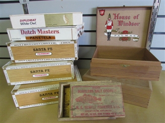 VINTAGE BOXES! 7 CIGAR BOXES-WOOD & CARDBOARD & A REALLY COOL WOODEN SALT CODFISH BOX