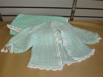 THE PERFECT ONE OF A KIND PALE GREEN HAND CROCHET BABY SWEATER & MATCHING BLANKET FOR THE NEW ARRIVAL